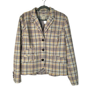 LL Bean 14 English Country $149 Peplum Blazer Plaid Wool Fitted Cream Tan Yellow